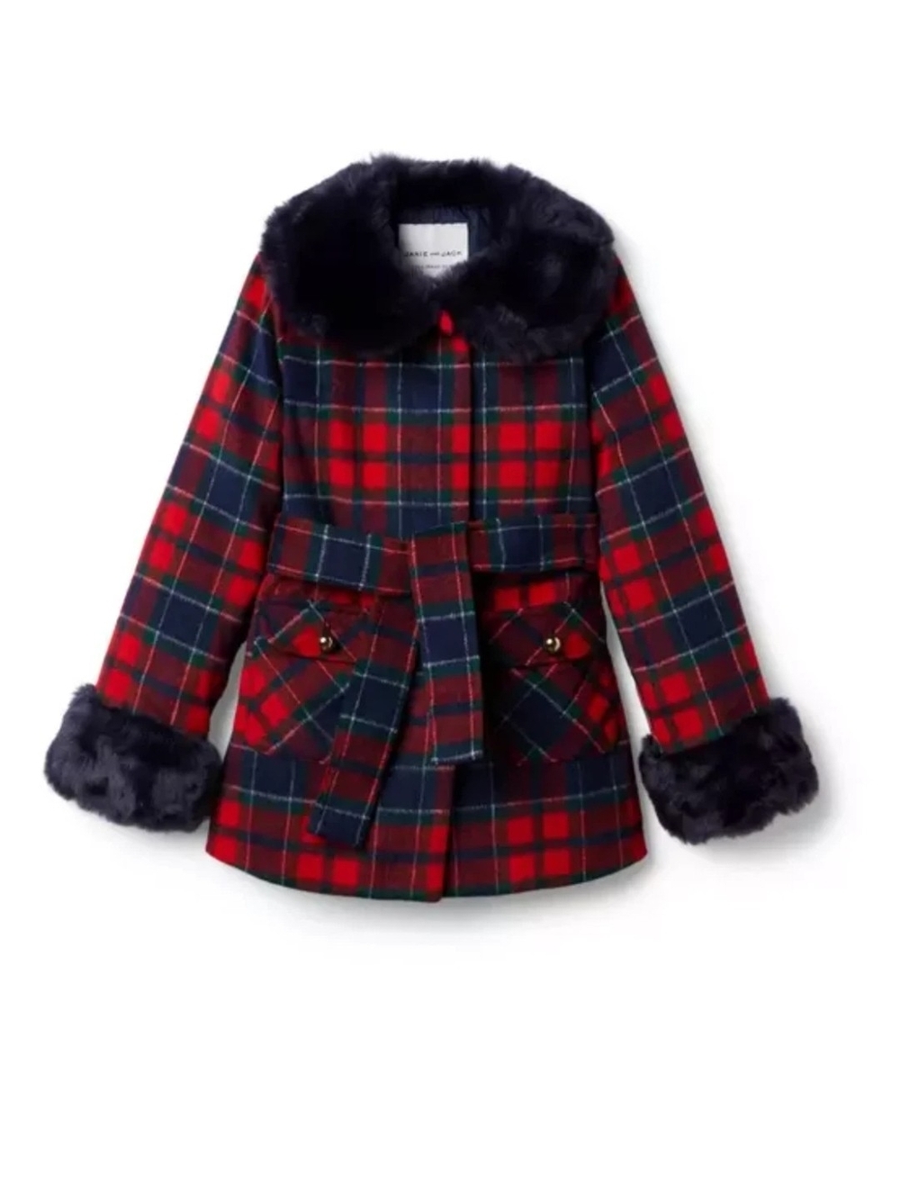 American Girl Plaid Belted Coat with Faux Fur Trim Red & Navy